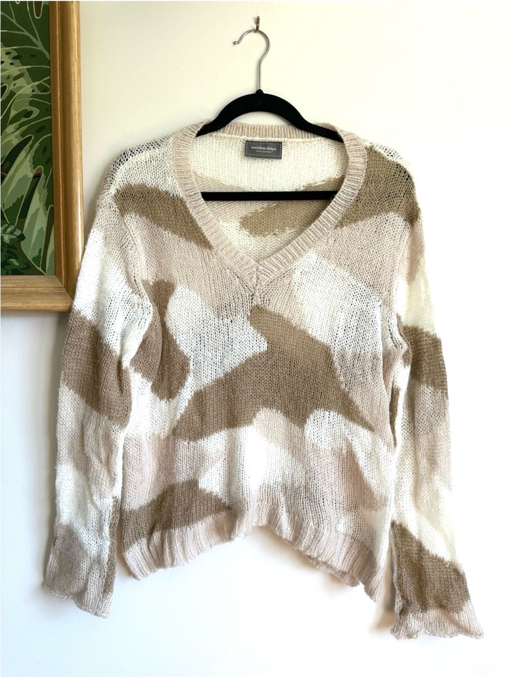 Wooden Ships Mohair Wool Neutral Camo Knit Sweater Womens Small Medium Tan Cream